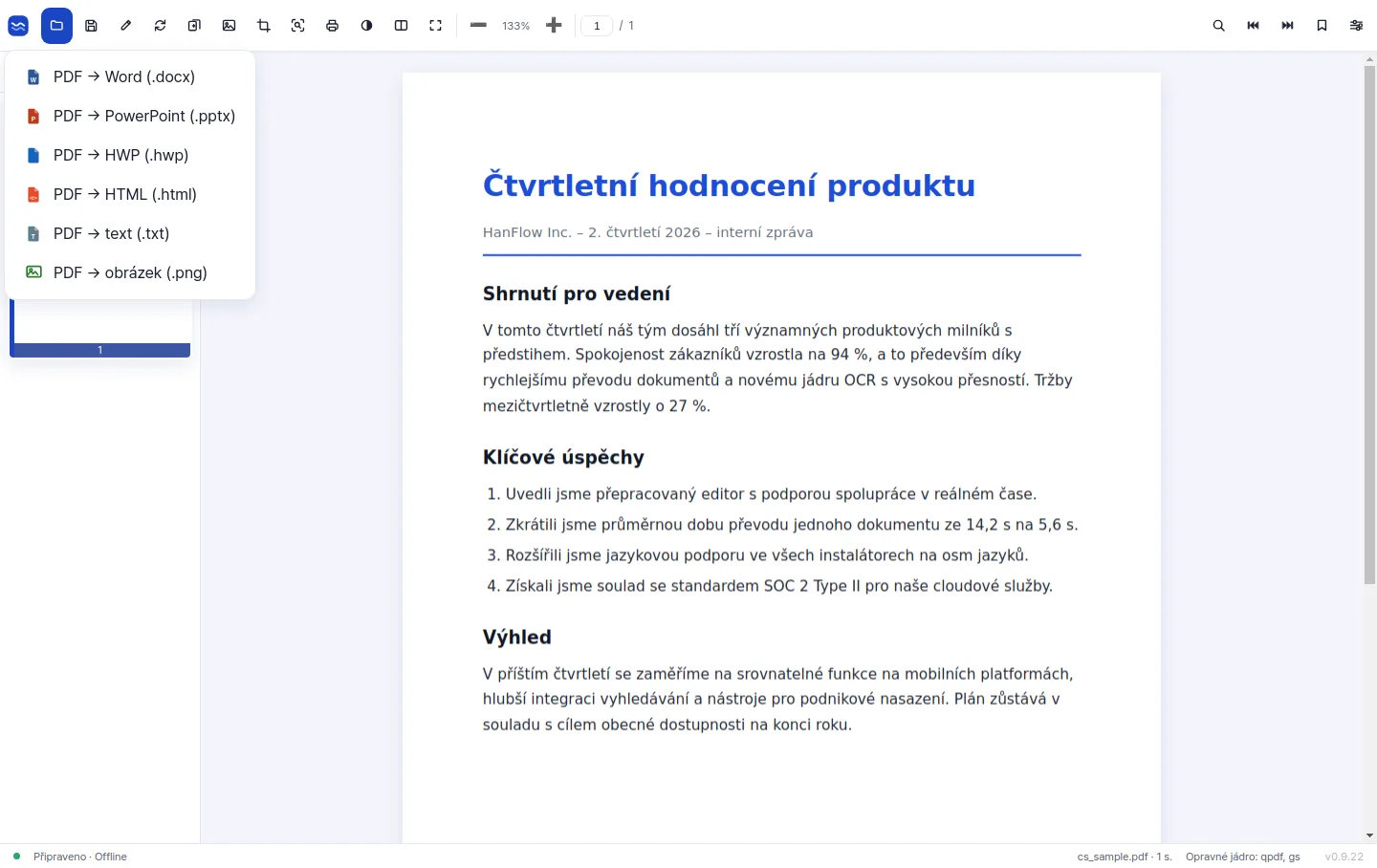 Nabídka exportu s možností převodu PDF do Wordu, PowerPointu, HWP, HTML, textu a obrázku