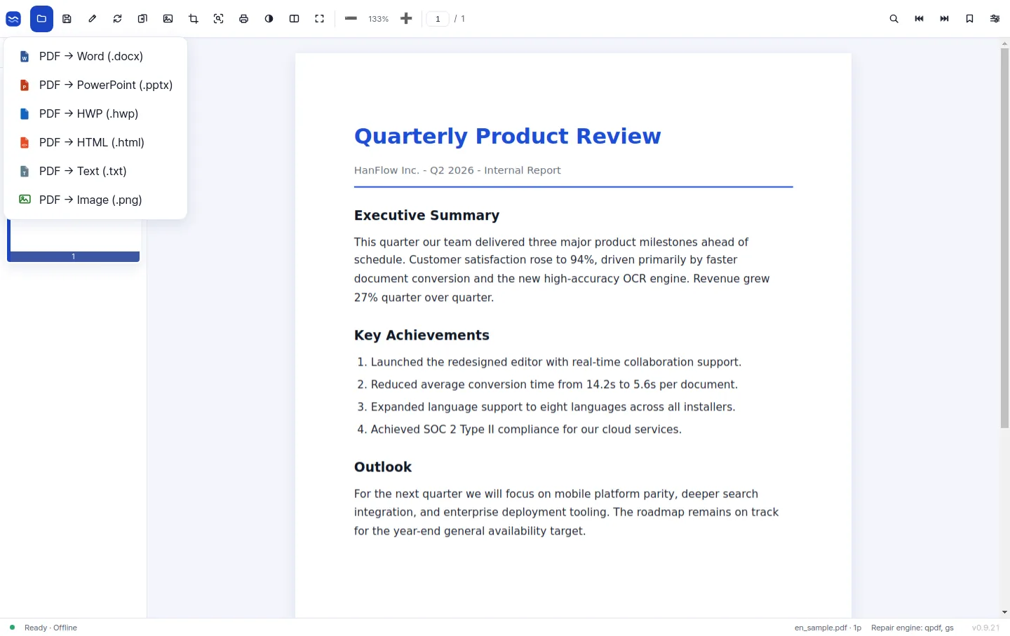The export menu offering PDF to Word, PowerPoint, HWP, HTML, text and image conversion