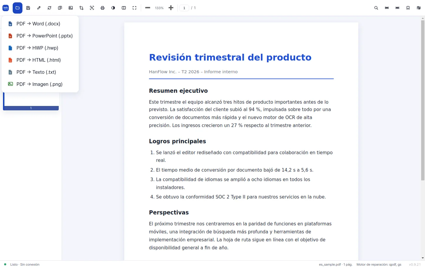 Menú de exportación para convertir un PDF a Word, PowerPoint, HWP, HTML, texto e imagen