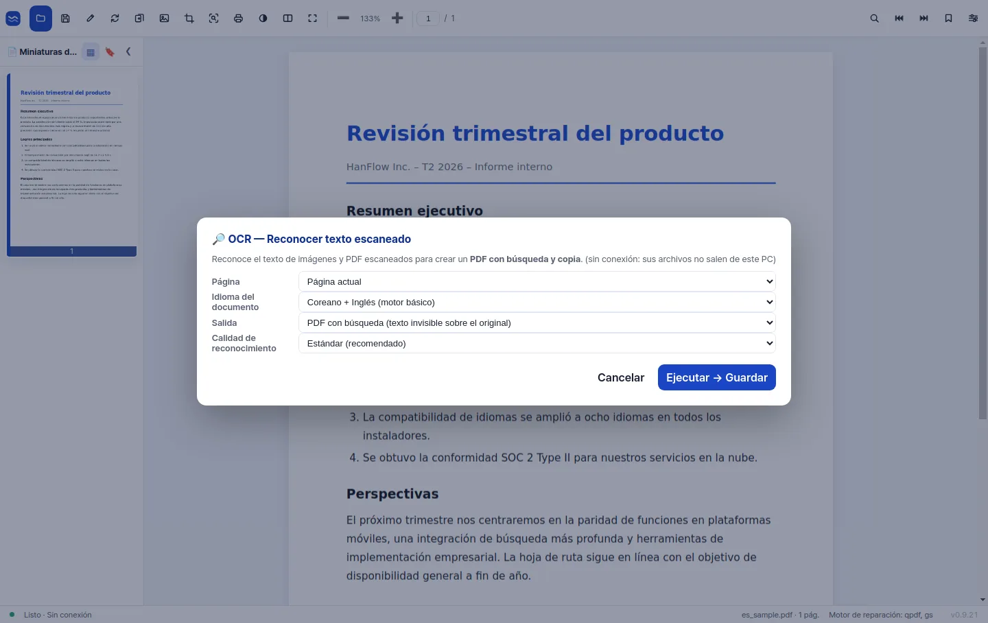 OCR de alta precisión convirtiendo una página escaneada en texto que se puede buscar