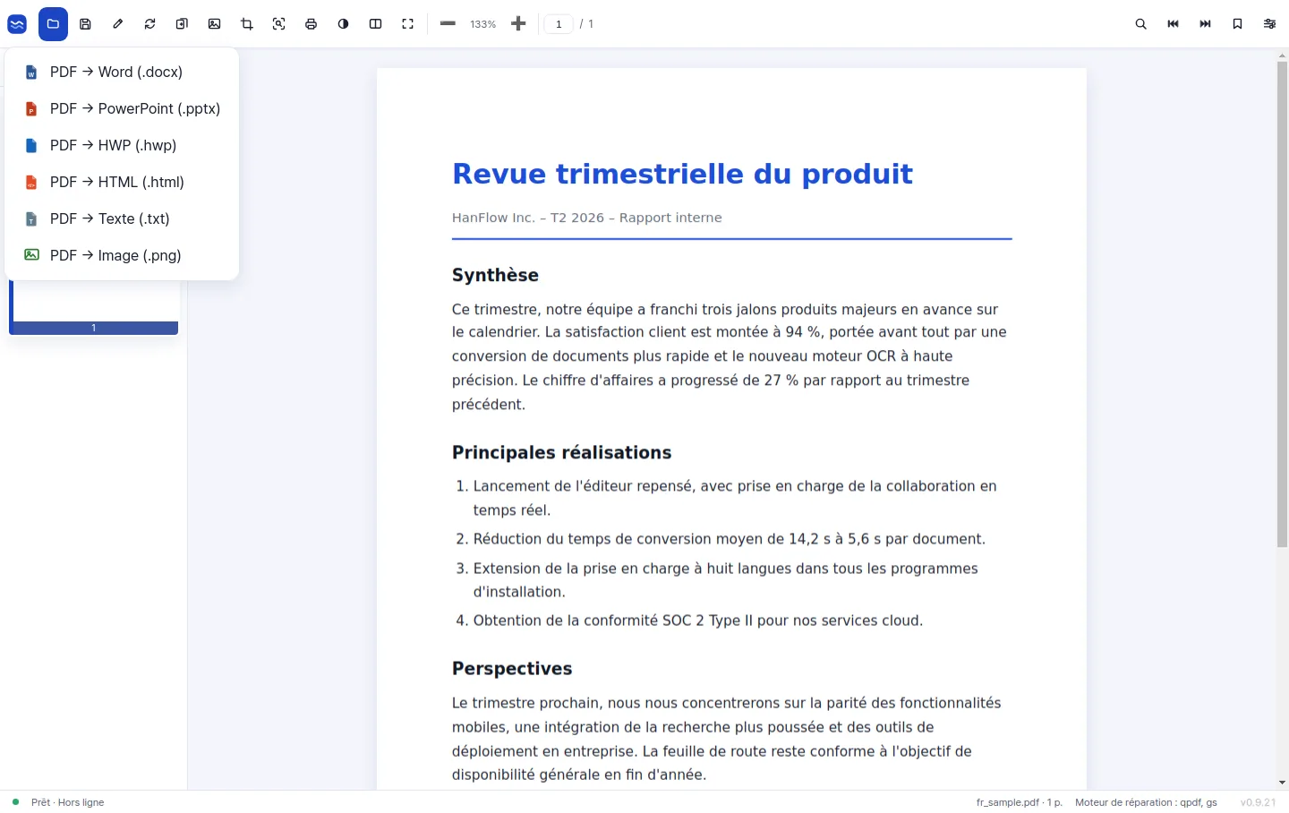 Menu d’export permettant de convertir un PDF en Word, PowerPoint, HWP, HTML, texte et image