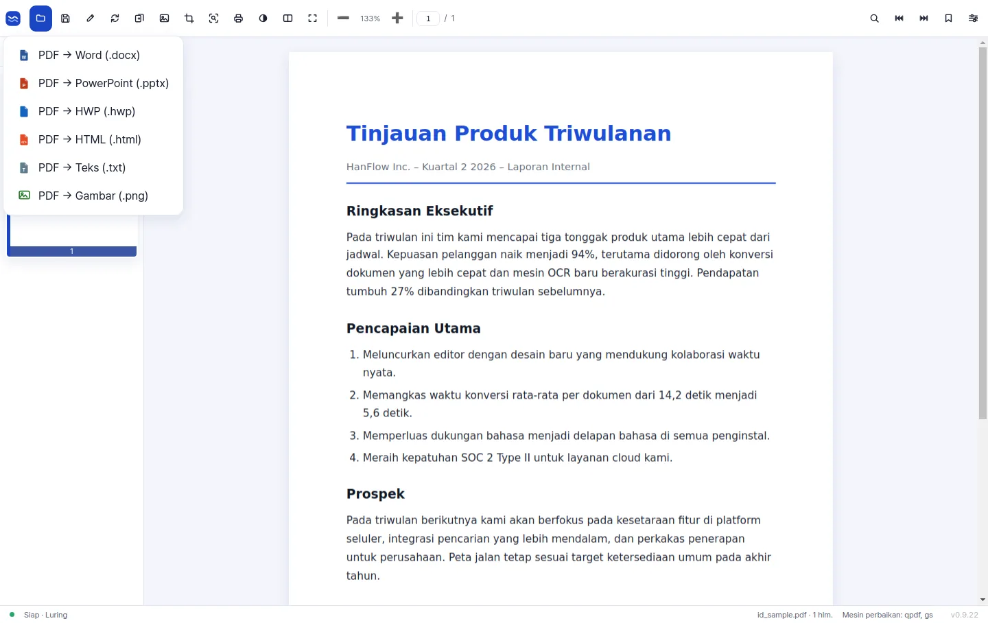 Menu ekspor yang menawarkan konversi PDF ke Word, PowerPoint, HWP, HTML, teks, dan gambar