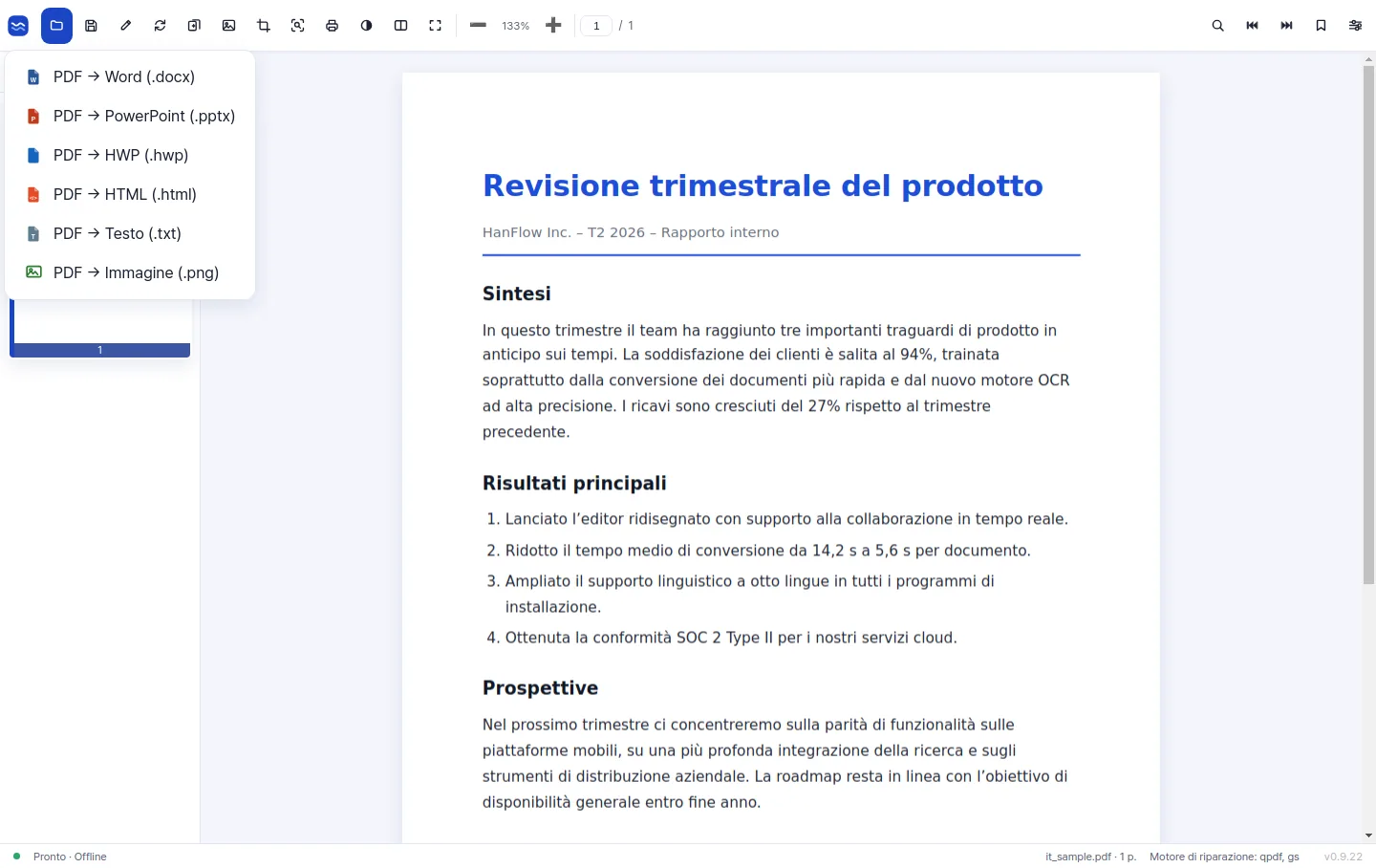 Il menu di esportazione che offre la conversione da PDF a Word, PowerPoint, HWP, HTML, testo e immagine