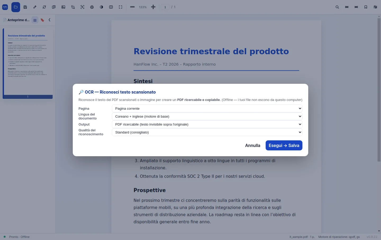 OCR ad alta precisione che trasforma una pagina scansionata in testo ricercabile