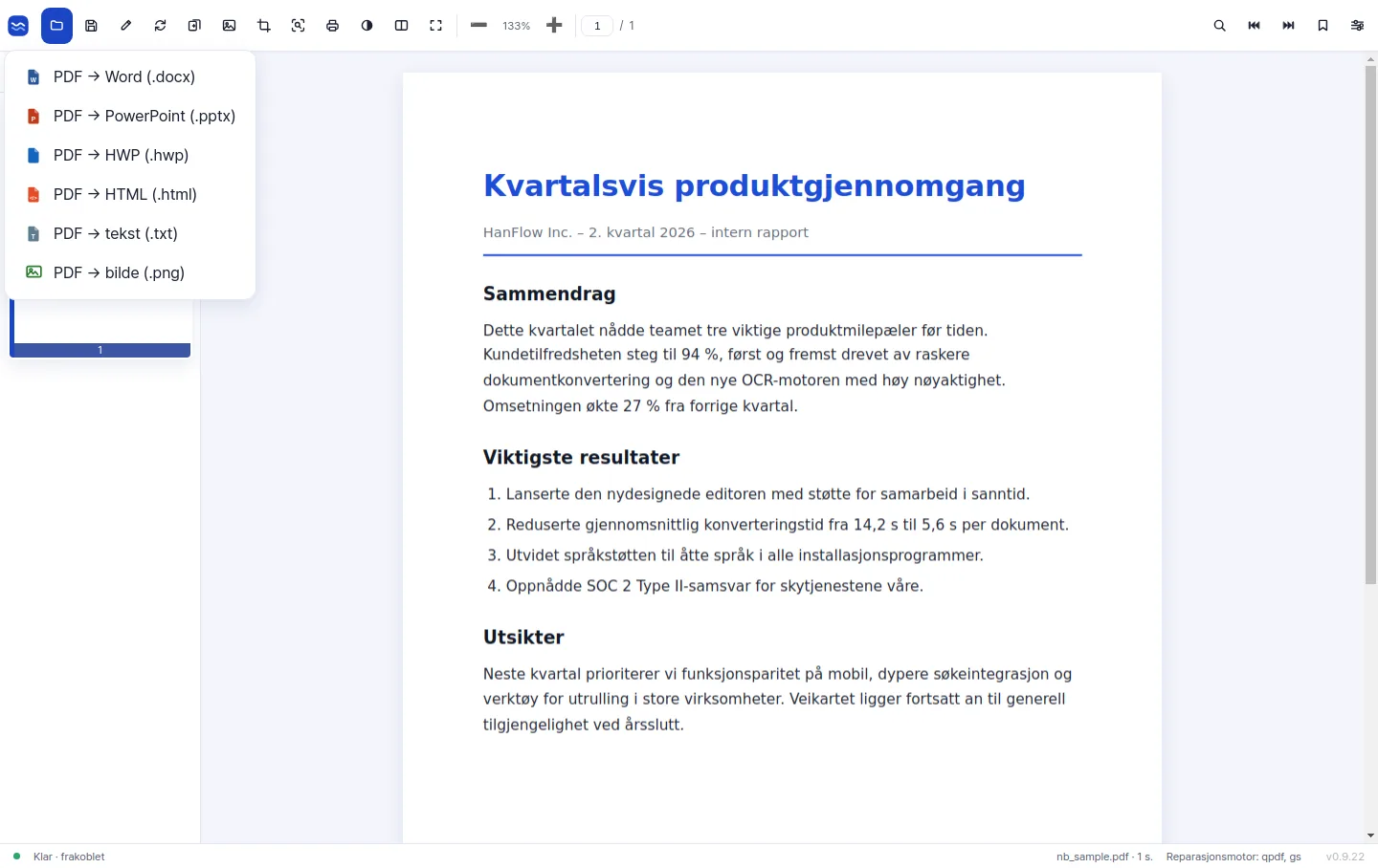 Eksportmenyen med konvertering fra PDF til Word, PowerPoint, HWP, HTML, tekst og bilde