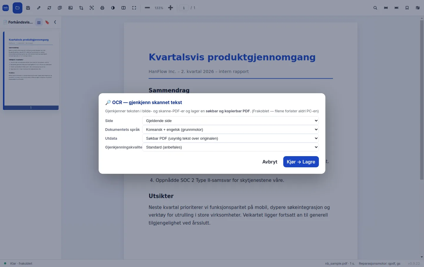 Presis OCR som gjør en skannet side søkbar