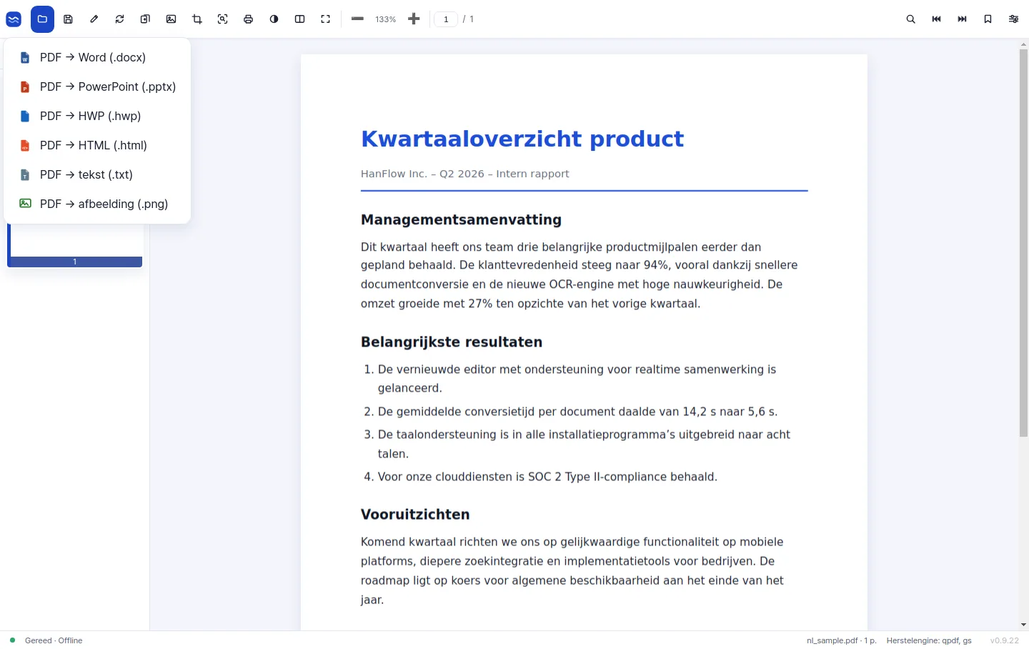 Het exportmenu met conversie van pdf naar Word, PowerPoint, HWP, HTML, tekst en afbeelding