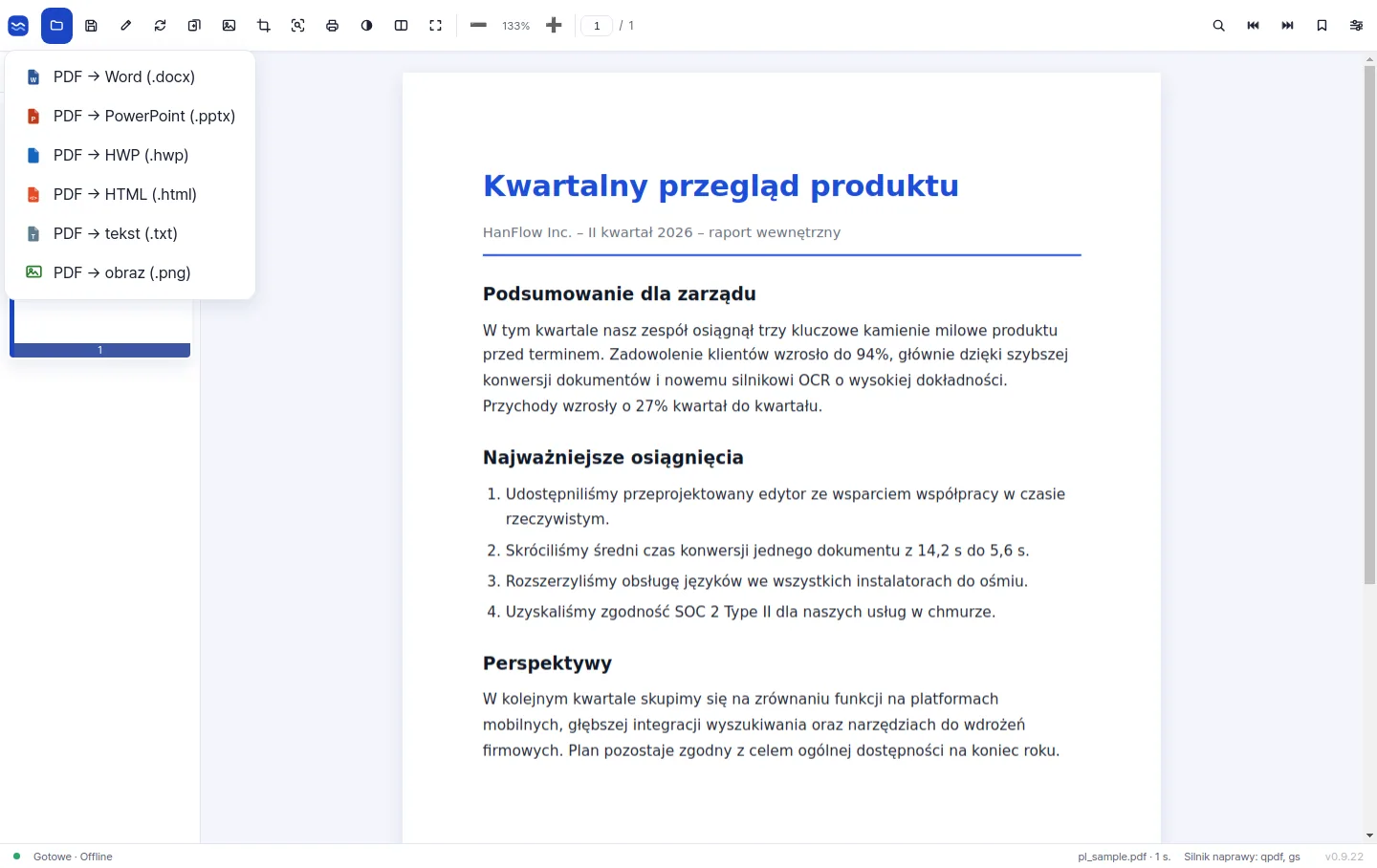Menu eksportu oferujące konwersję PDF do Word, PowerPoint, HWP, HTML, tekstu i obrazu