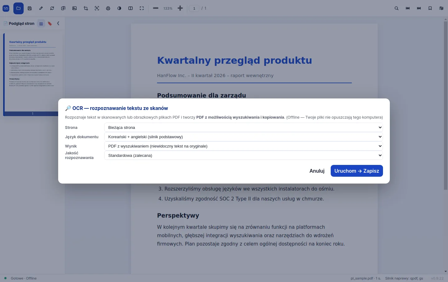 Wysokiej jakości OCR zamieniający zeskanowaną stronę w tekst z możliwością wyszukiwania