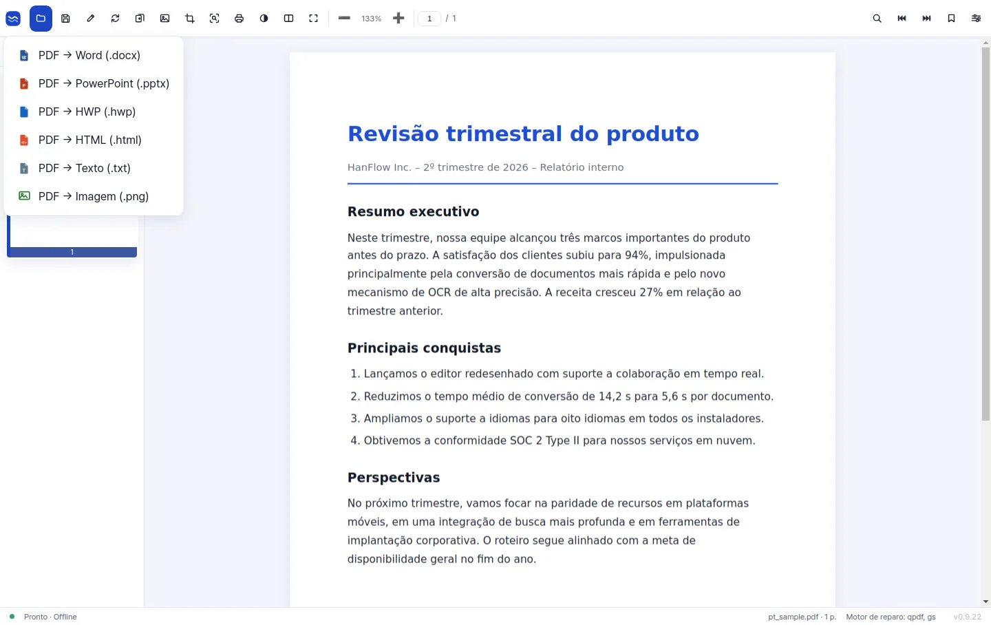 O menu de exportação com conversão de PDF para Word, PowerPoint, HWP, HTML, texto e imagem