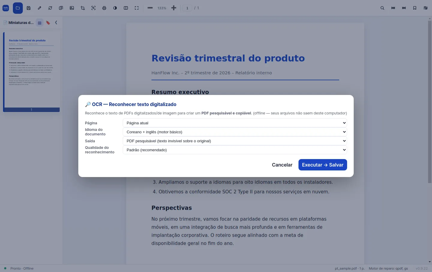 OCR de alta precisão que transforma uma página digitalizada em texto pesquisável