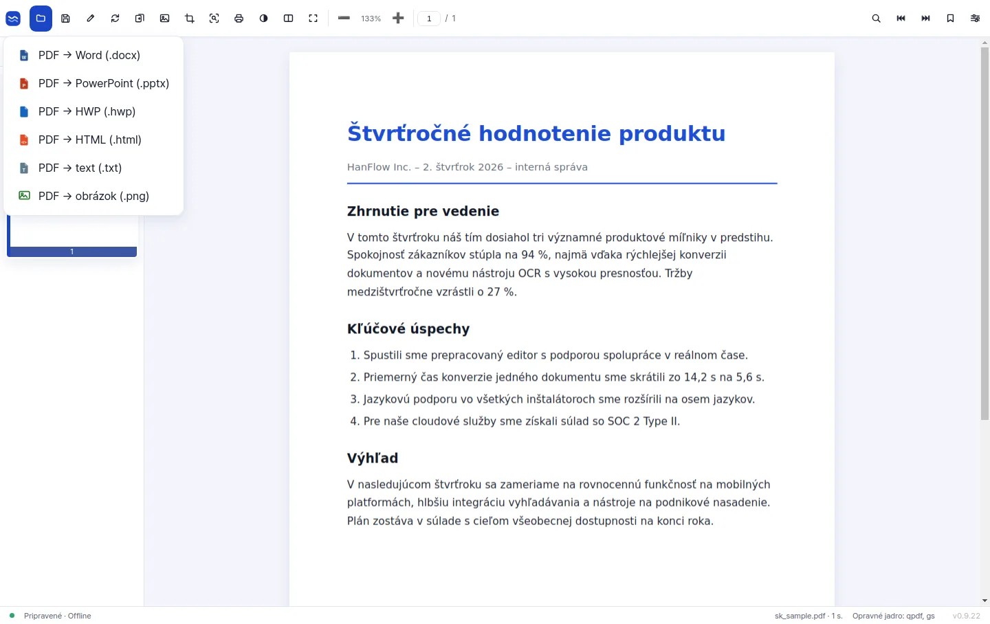 Ponuka exportu s možnosťou konverzie PDF do Word, PowerPoint, HWP, HTML, textu a obrázka