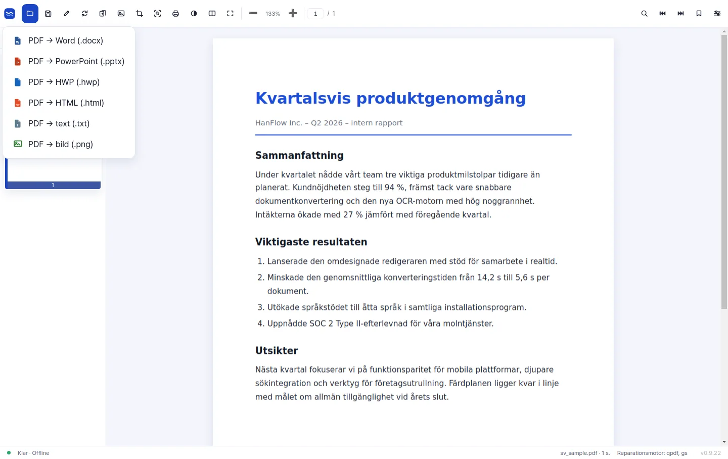 Exportmenyn med konvertering från PDF till Word, PowerPoint, HWP, HTML, text och bild
