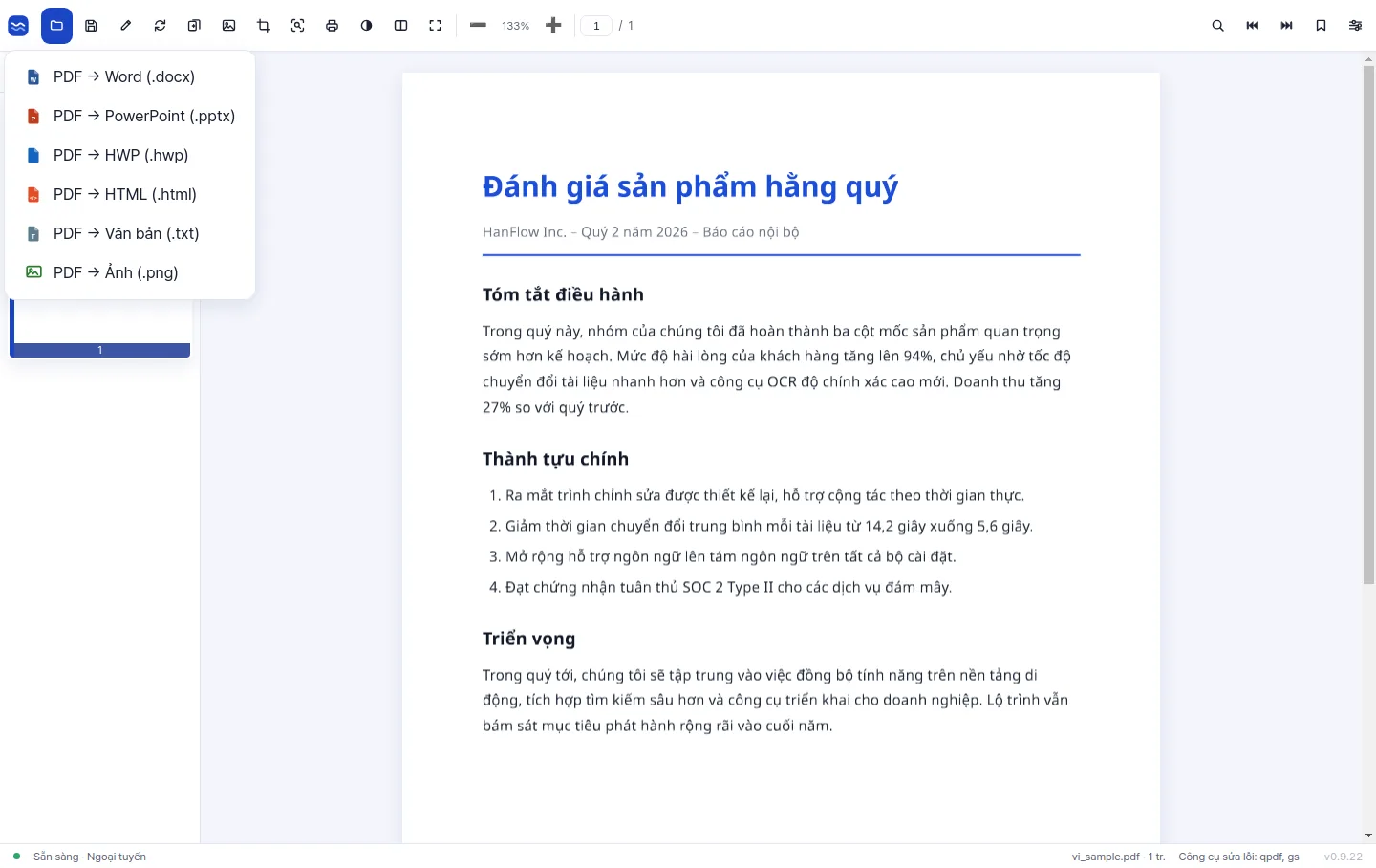 Menu xuất file cung cấp chuyển đổi PDF sang Word, PowerPoint, HWP, HTML, văn bản và hình ảnh