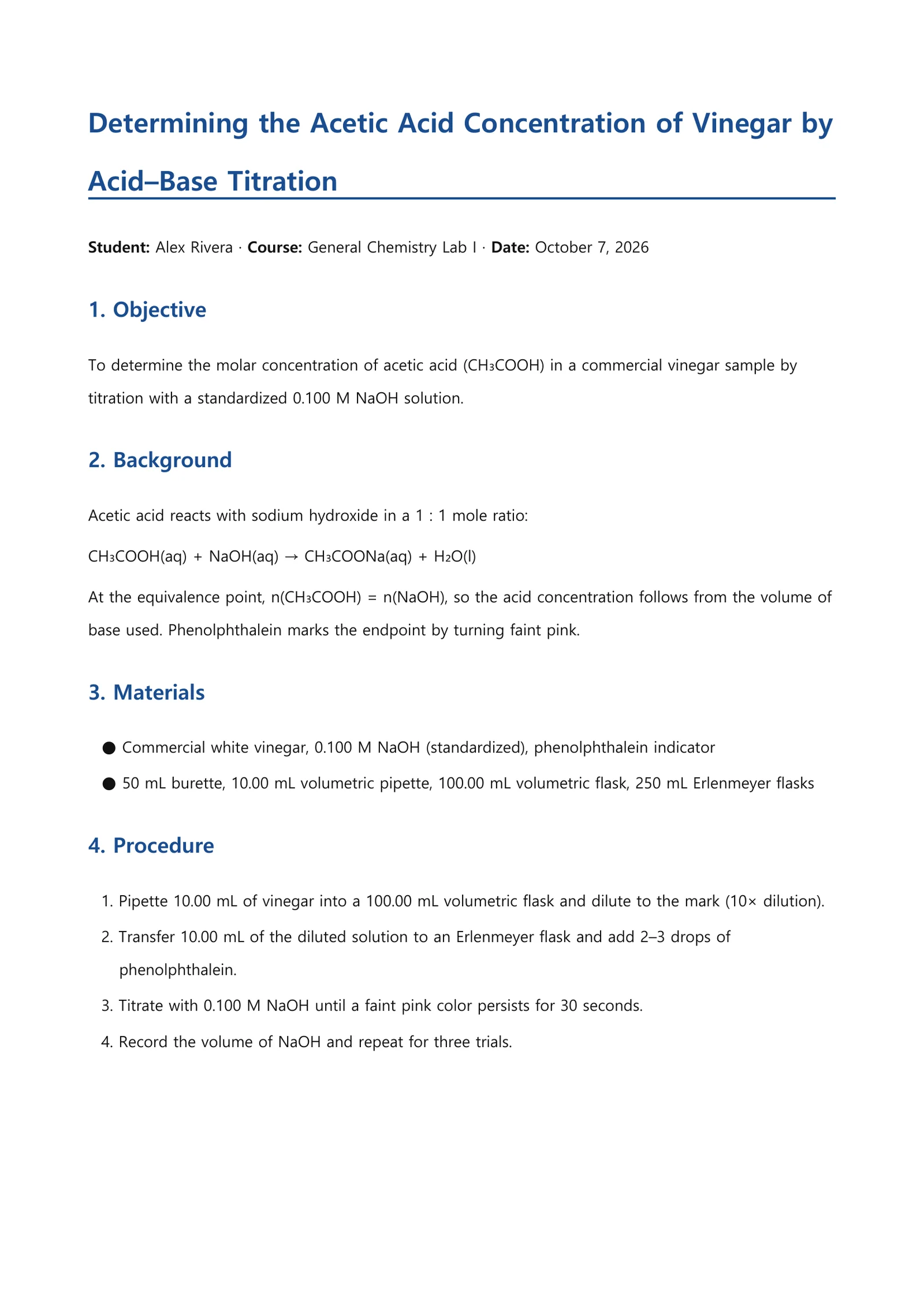 First page of a lab report on the acetic acid concentration of vinegar — objective, background and reaction equation