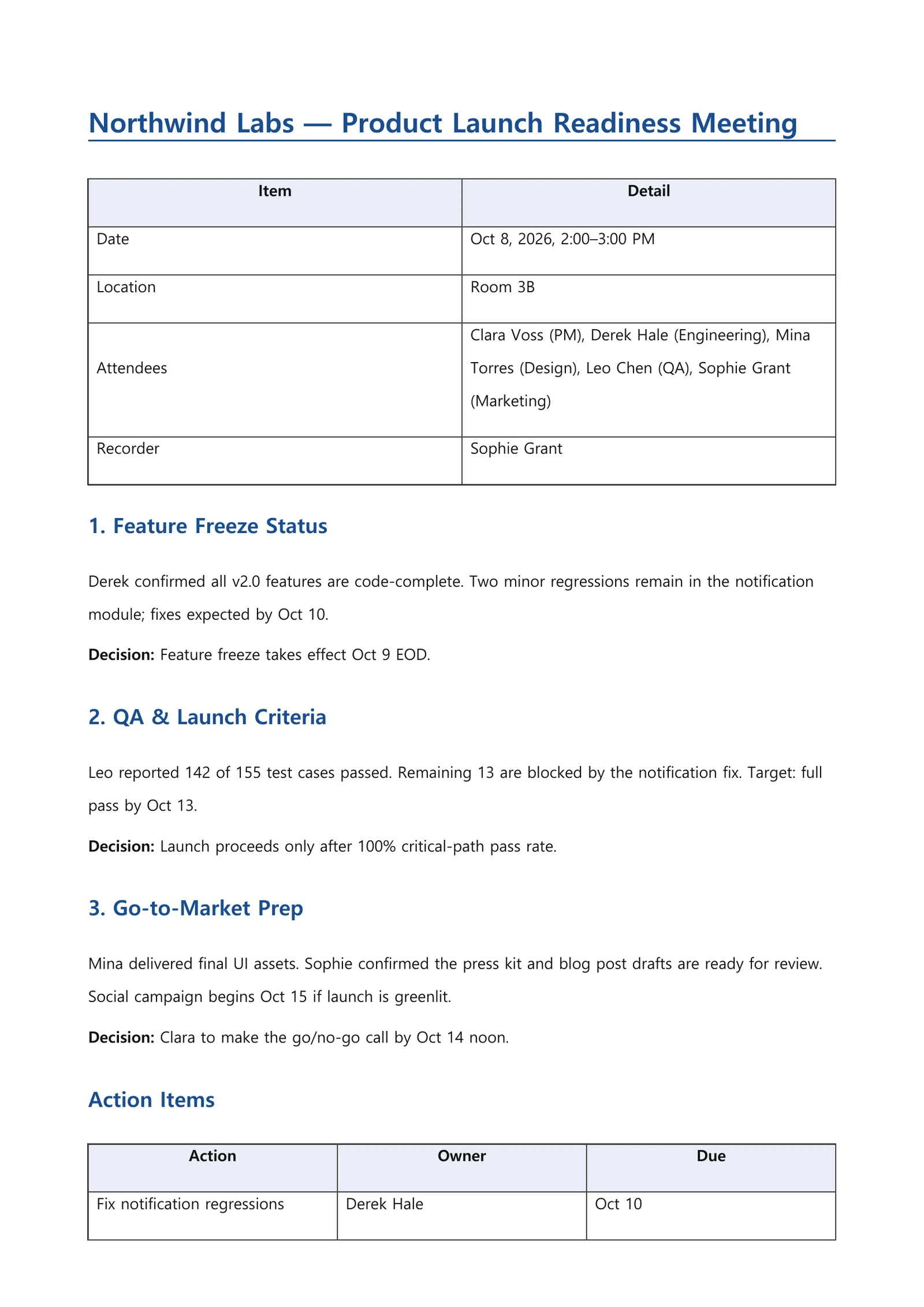 First page of meeting minutes for a fictional product launch meeting — info table and agenda discussion
