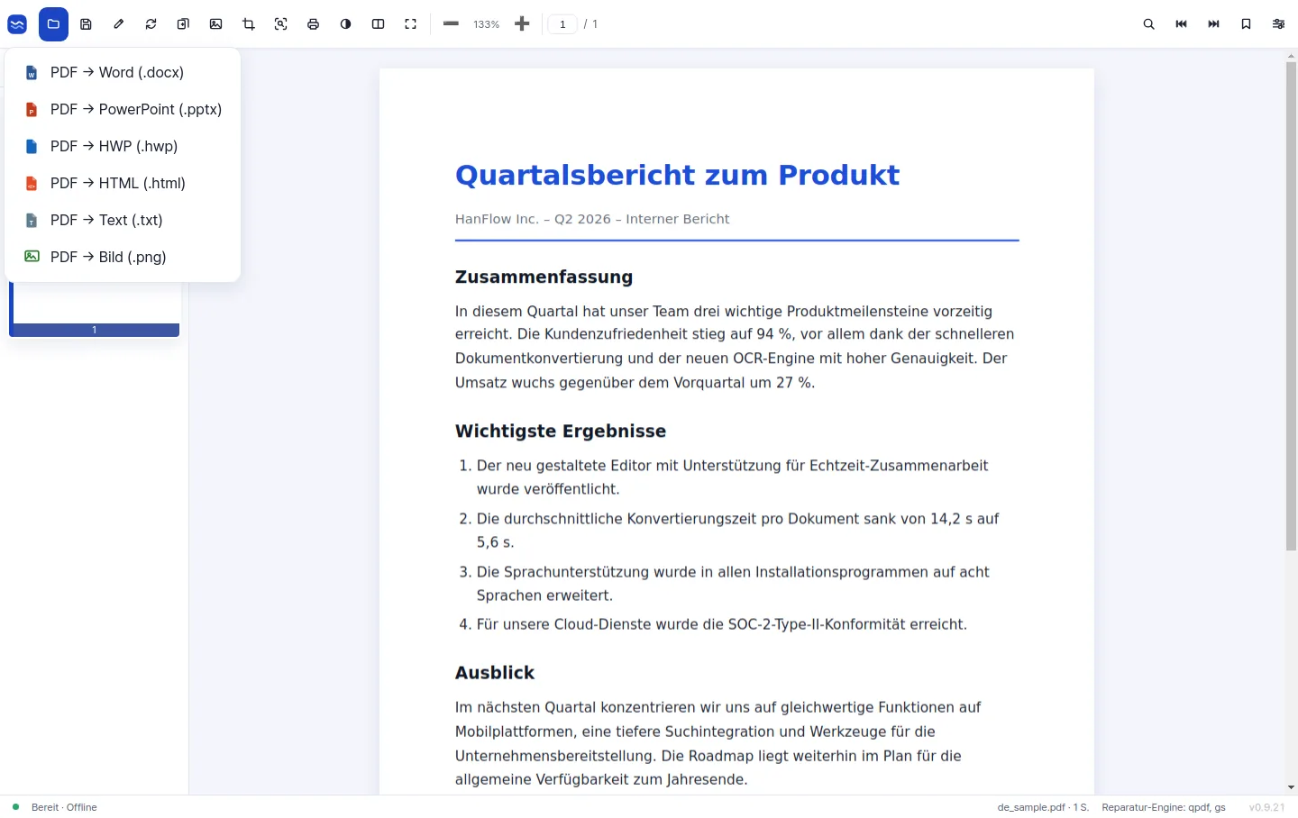 Export-Menü zum Konvertieren eines PDFs nach Word, PowerPoint, HWP, HTML, Text und Bild