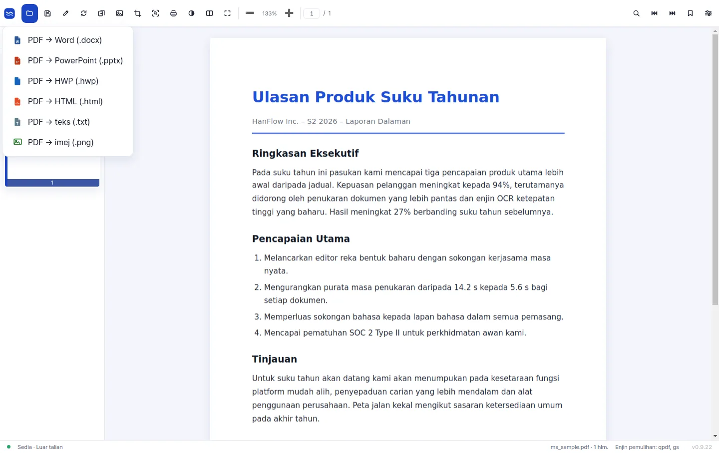 Menu eksport yang menawarkan penukaran PDF kepada Word, PowerPoint, HWP, HTML, teks dan imej