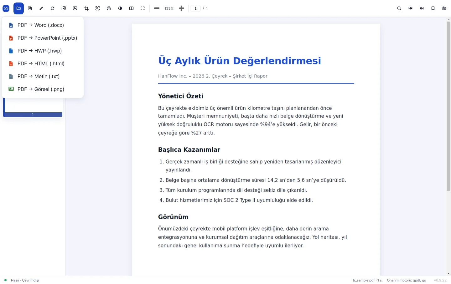 PDF'i Word, PowerPoint, HWP, HTML, metin ve görsele dönüştürme seçeneklerini sunan dışa aktar menüsü