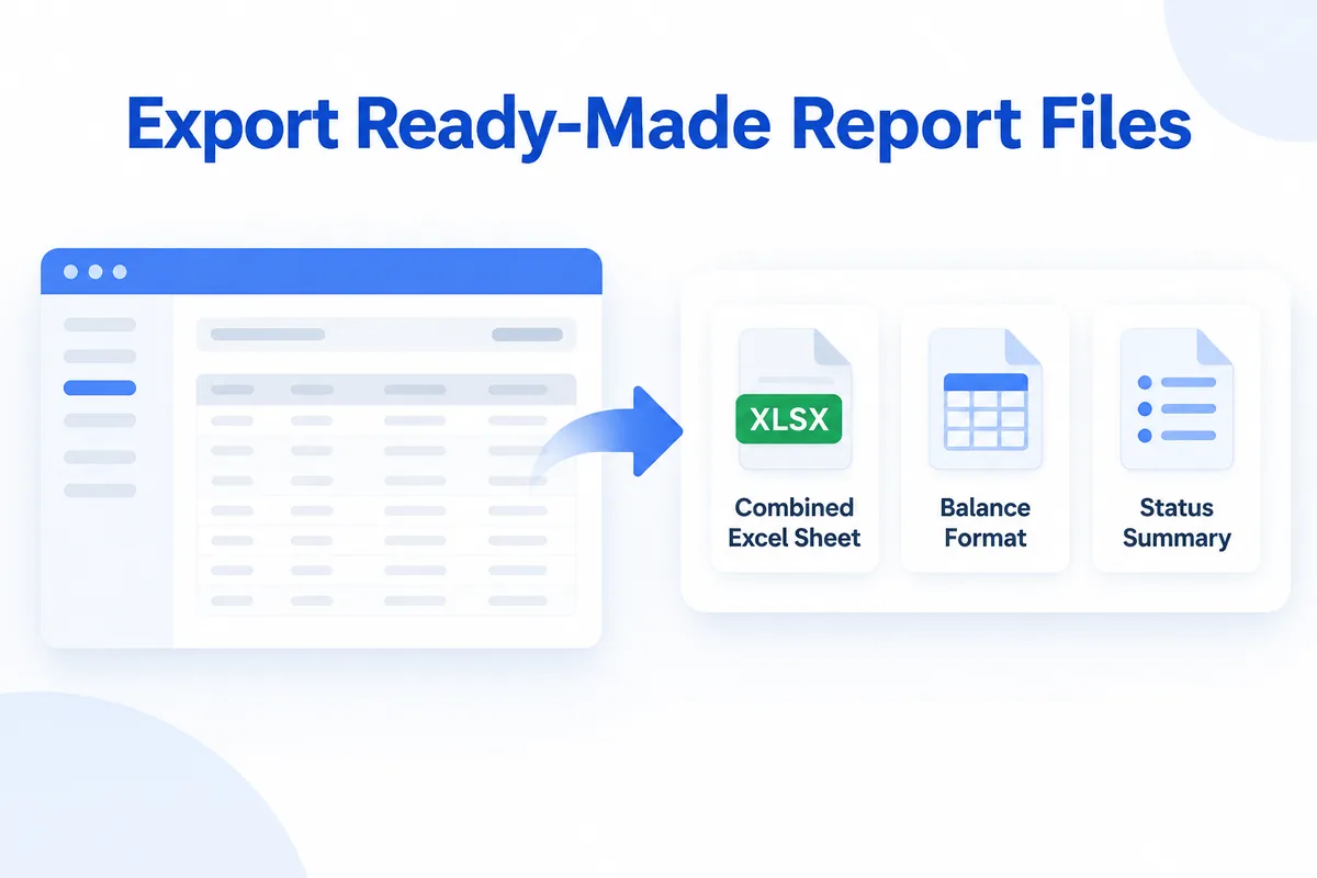 Export for the report — combined Excel sheet, balance format, status summary
