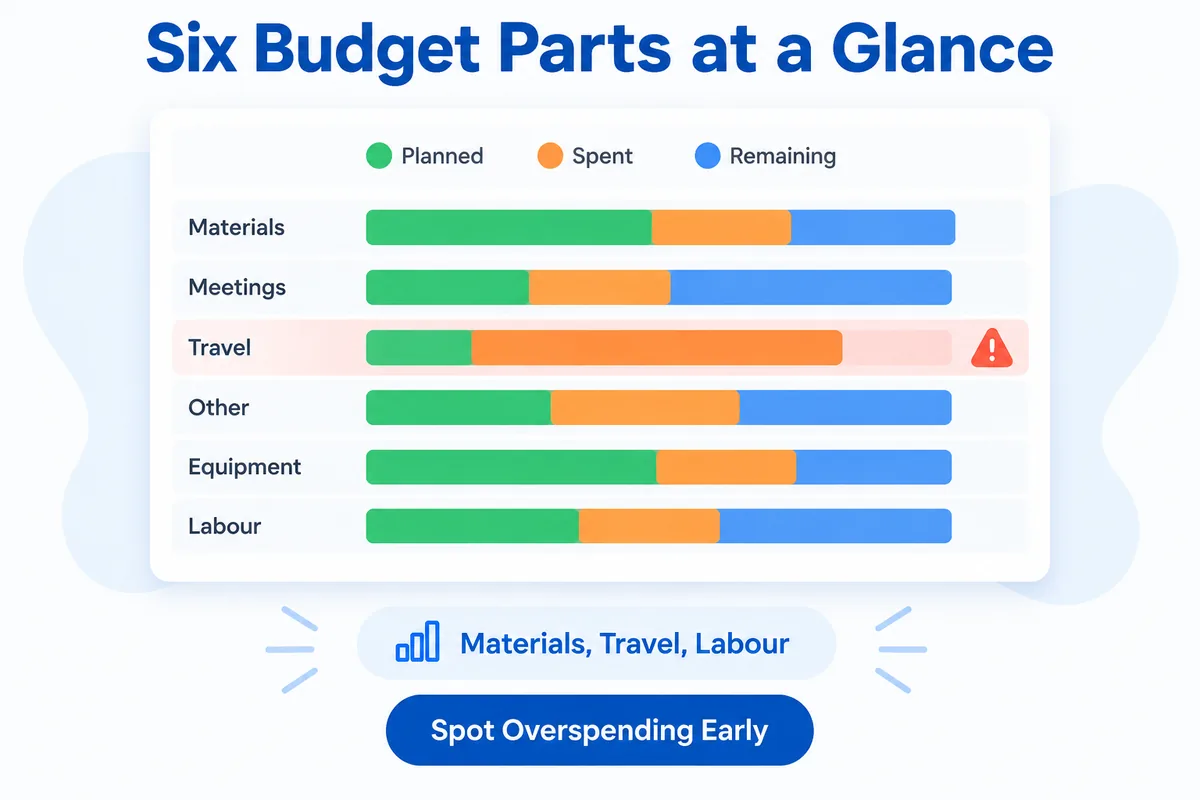 Six budget parts — materials, meetings, travel, other, equipment, labour — each with planned, spent, remaining