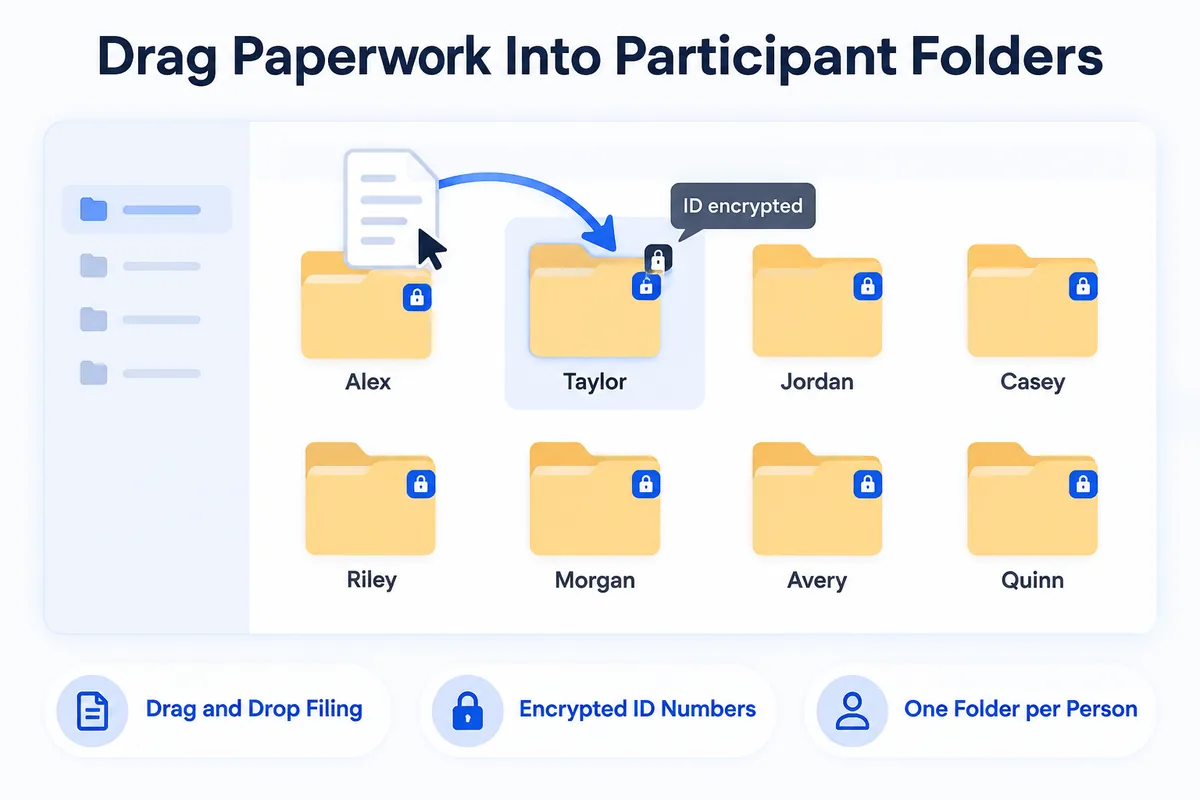 One folder per participant — drag paperwork in, ID numbers stored encrypted