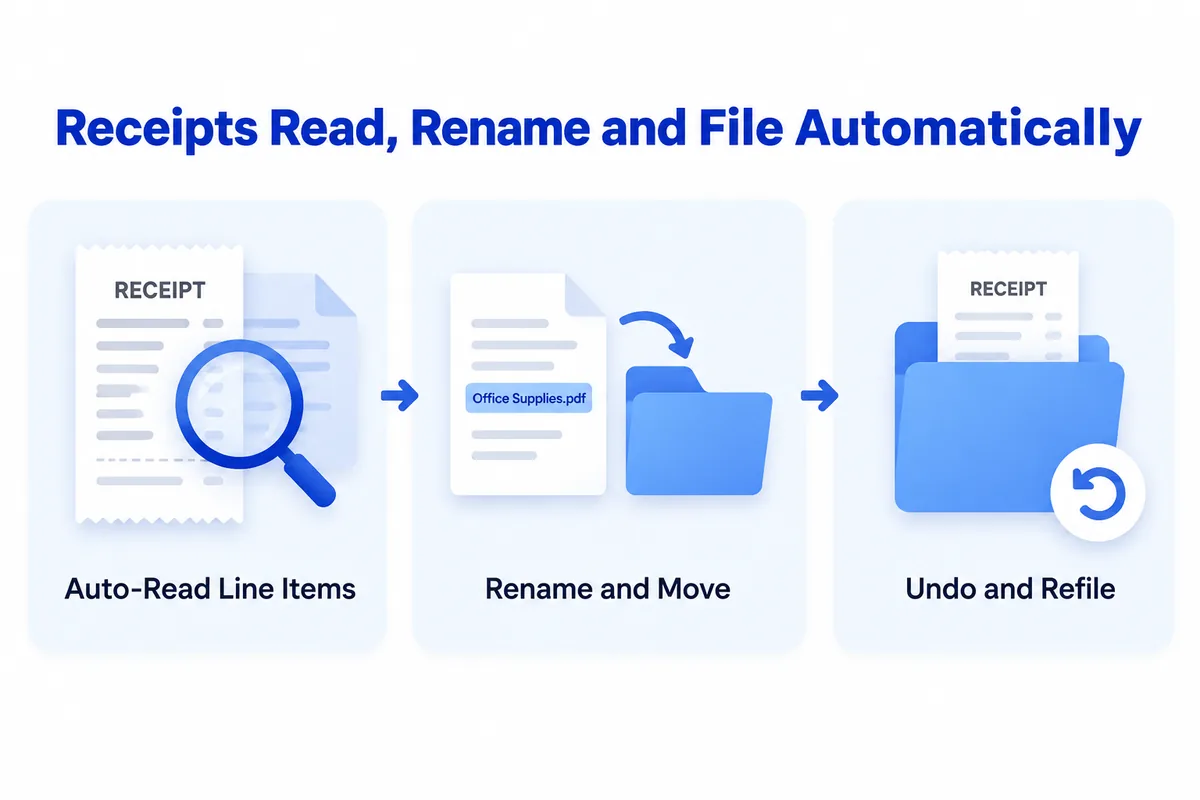Receipts file themselves — read, rename, move to the project folder, undo if wrong