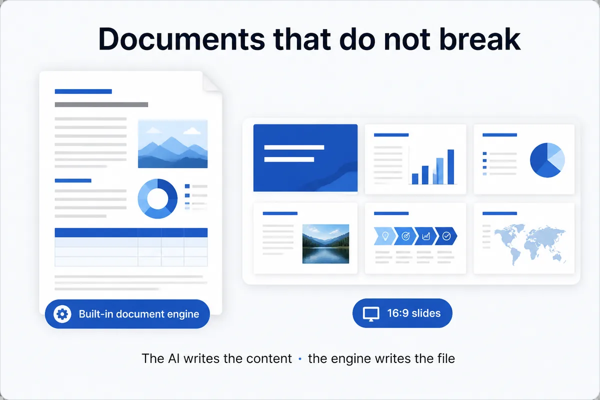 Documents that do not break — built-in document engine and 16:9 slides: the AI writes the content, the engine writes the file