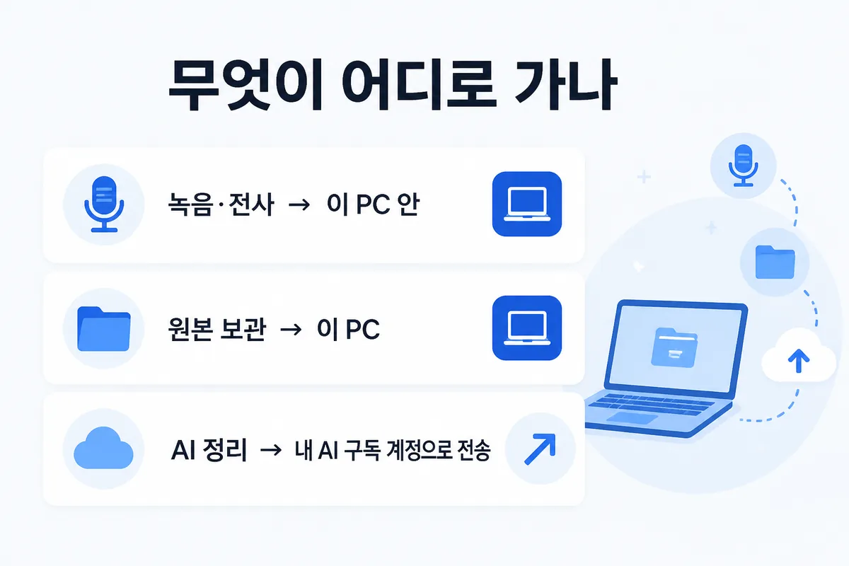 무엇이 어디로 가나 — 녹음·전사는 이 PC 안, 원본 보관은 이 PC, AI 정리는 내 AI 구독 계정으로 전송