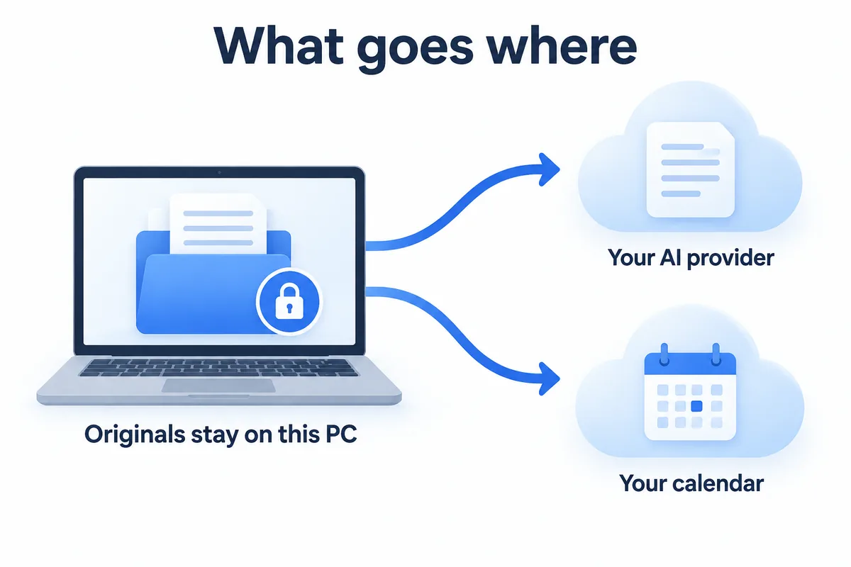 What goes where — originals stay on this PC, questions go to your AI provider, events go to your calendar