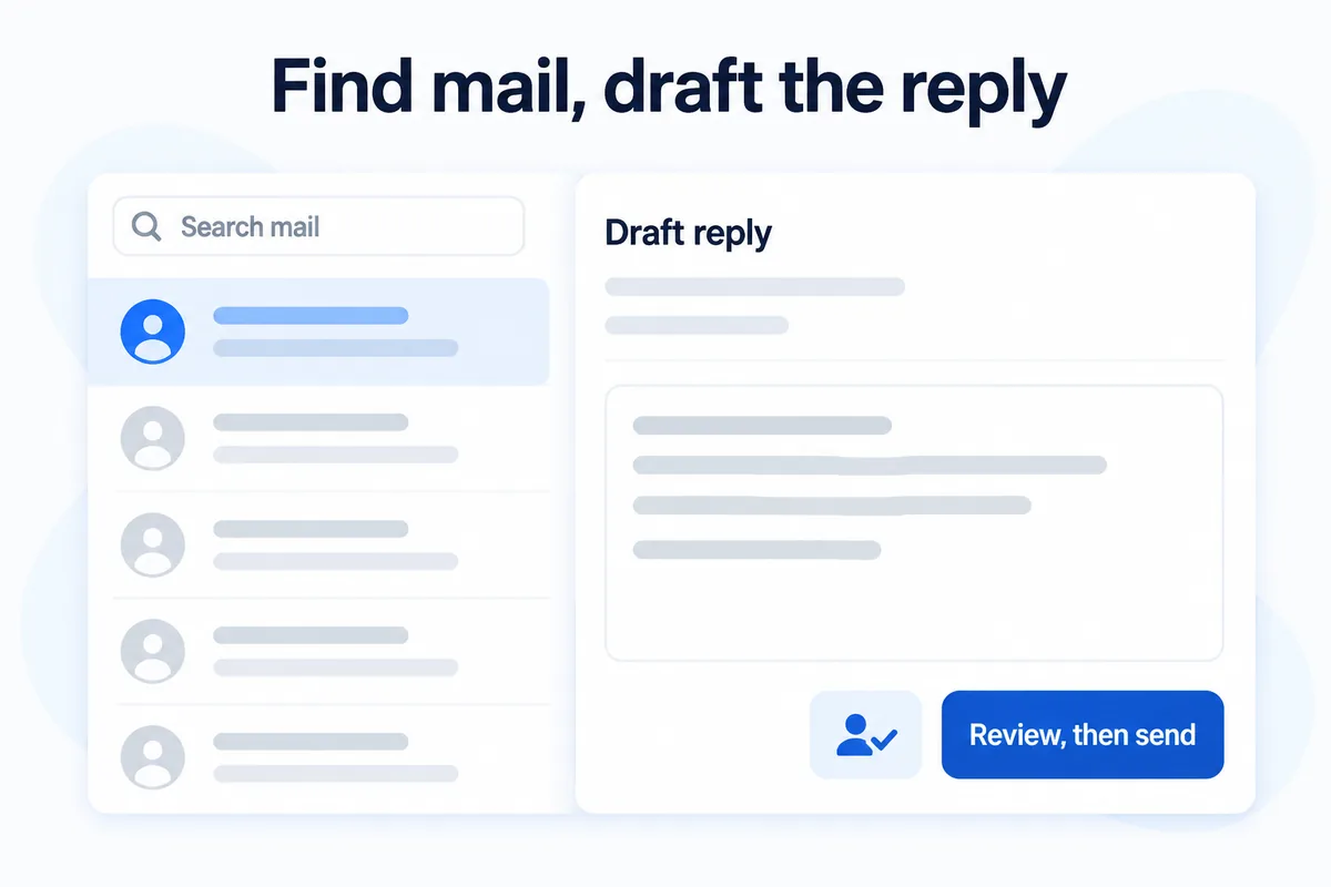 Find mail, draft the reply — search mail, draft reply, review, then send