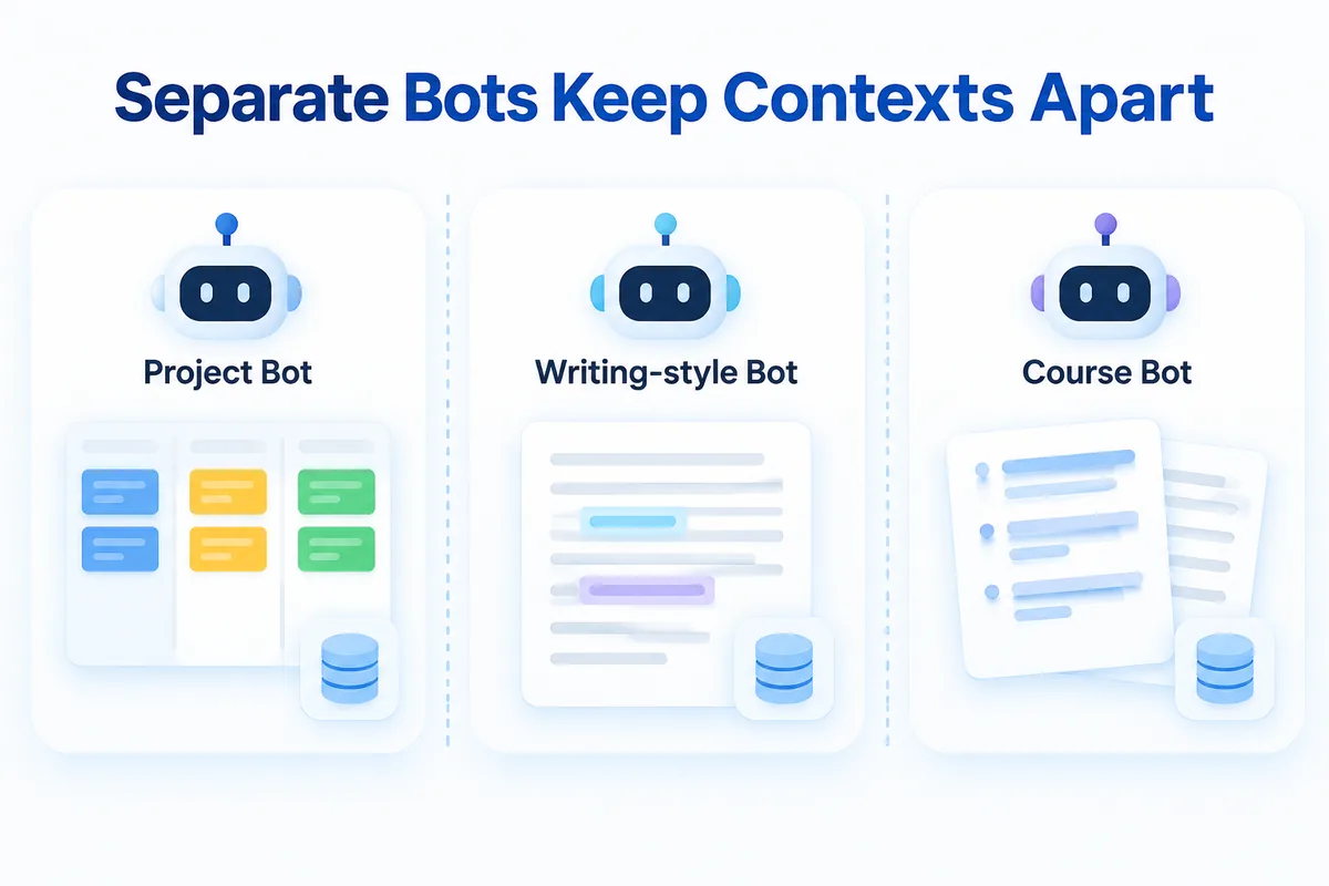 One bot per job — a project bot, a writing-style bot and a course bot, each with its own memory