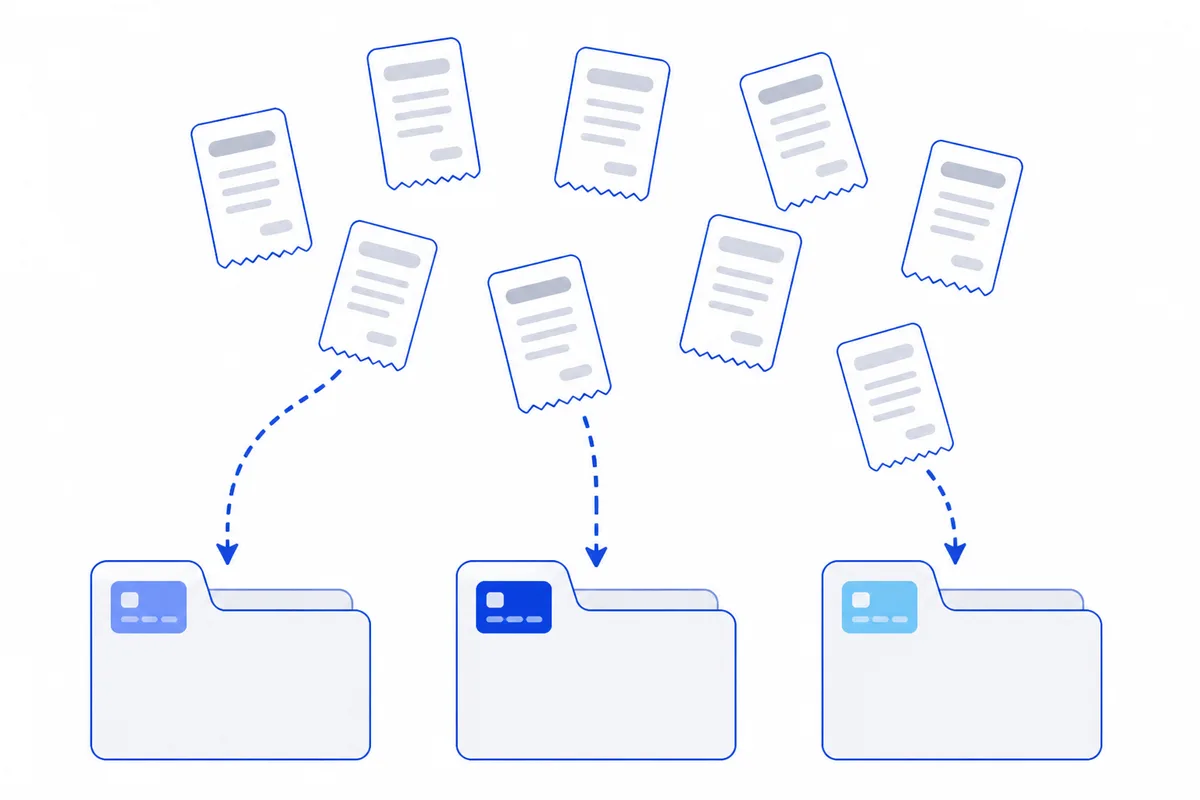 Receipts dropping into three separate folders, one per payment card, each folder marked with a small card icon
