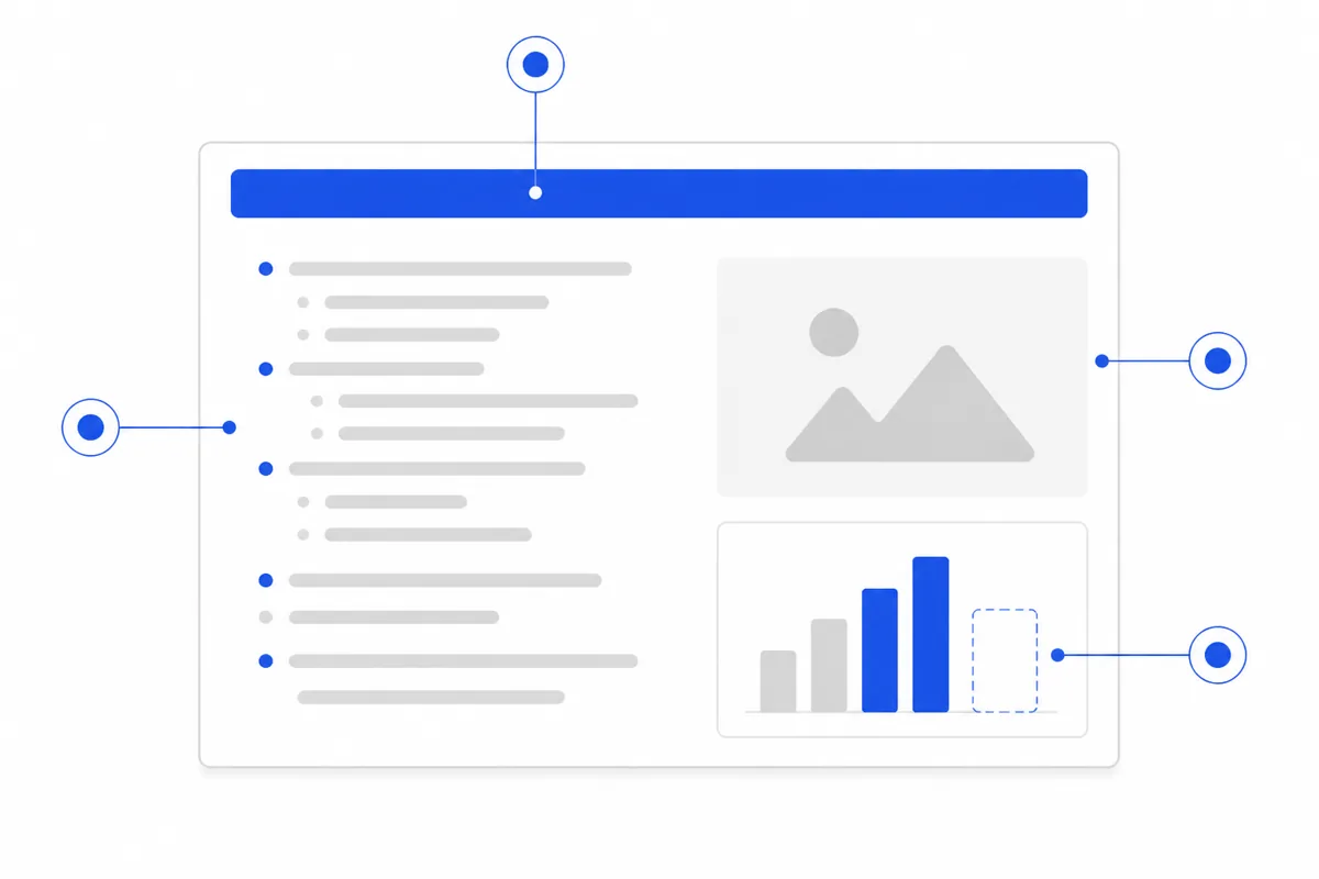 A draft slide in editing view with four callout markers on the title, the bullet list, a chart missing its source, and a placeholder image