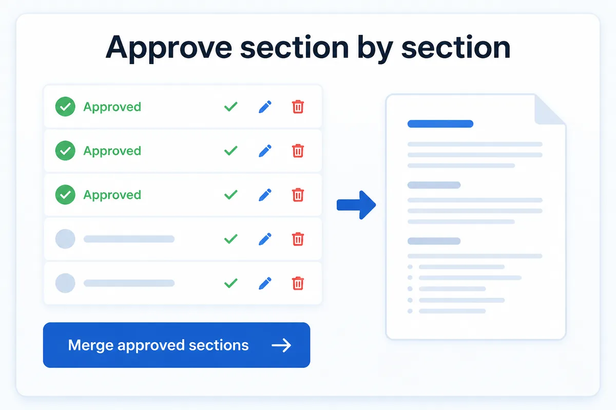 Approve section by section — approved rows with check marks and a Merge approved sections button