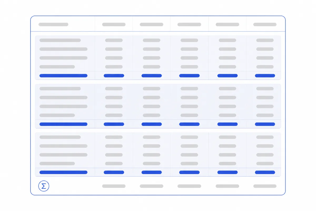 One spreadsheet ledger with rows grouped by card, each group ending in a highlighted subtotal row