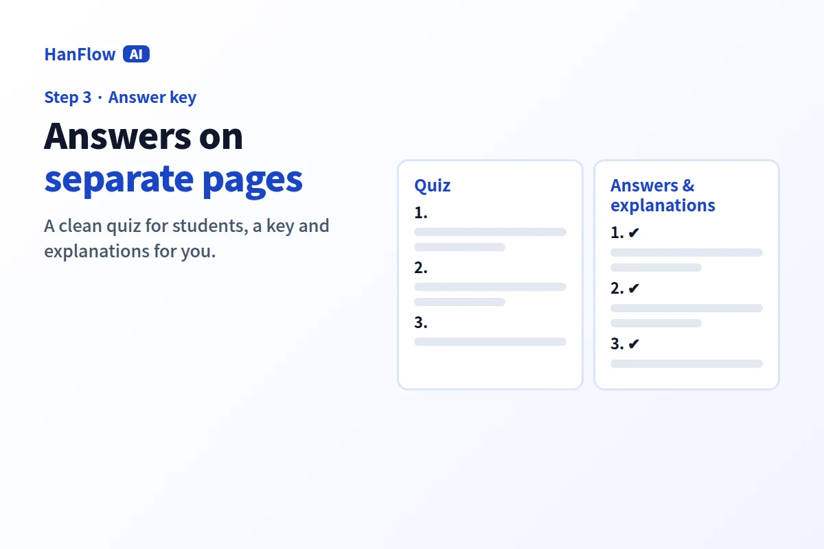 Answer key and explanations printed on their own pages, separate from the quiz questions
