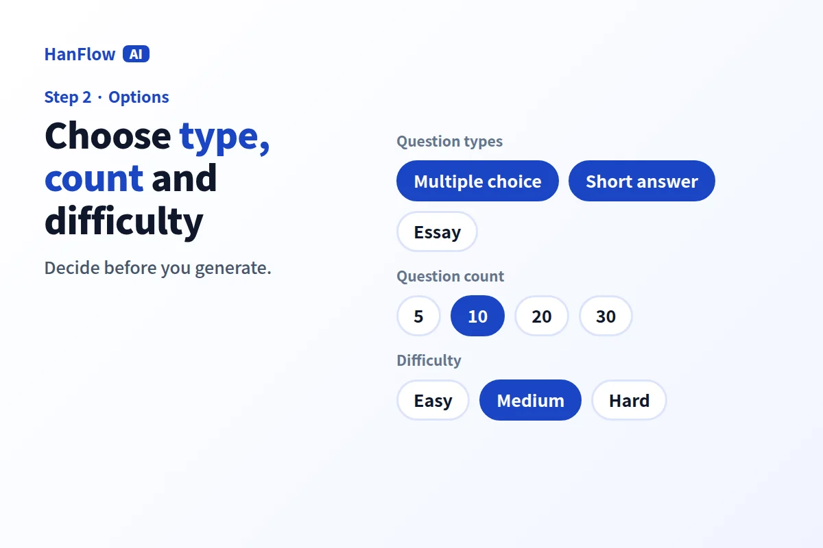 Question type, count, and difficulty options for an AI worksheet generator