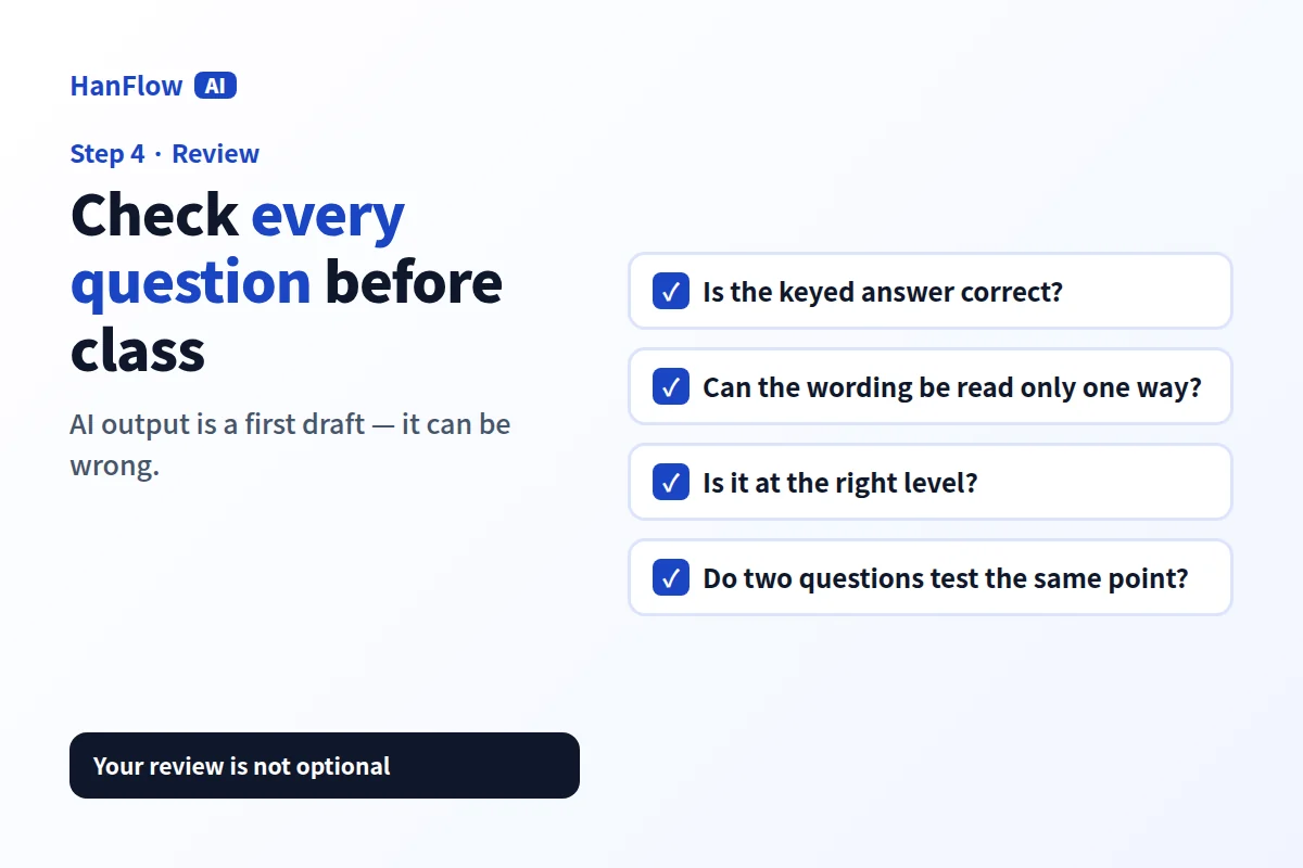 A teacher reviewing AI-generated quiz questions, checking answer correctness and wording