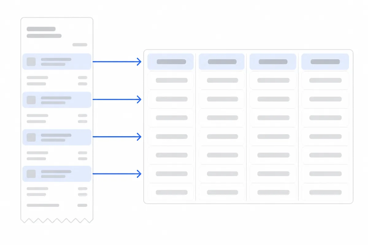 A single receipt with four key fields highlighted in blue, each carried by an arrow into its own spreadsheet column