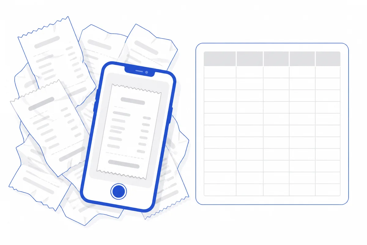 A scattered pile of crumpled paper receipts and a phone showing a receipt photo, beside an empty spreadsheet