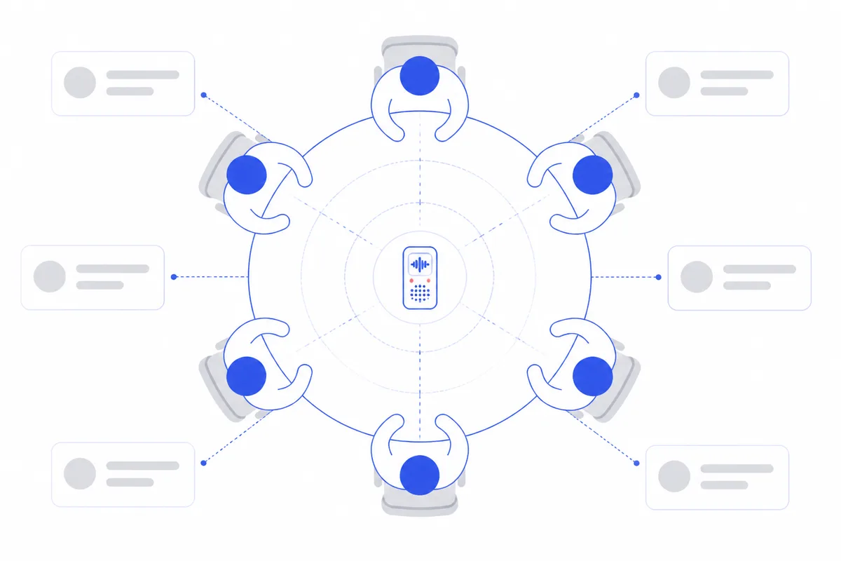A small meeting table with a recorder placed in the centre, equal distance from each seat