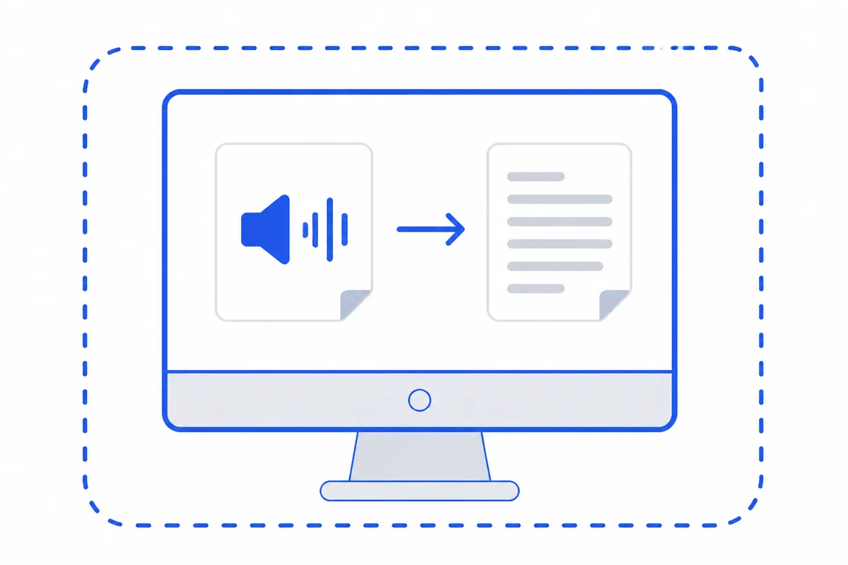 An audio file entering a desktop computer and coming out as text, the entire process happening inside the computer