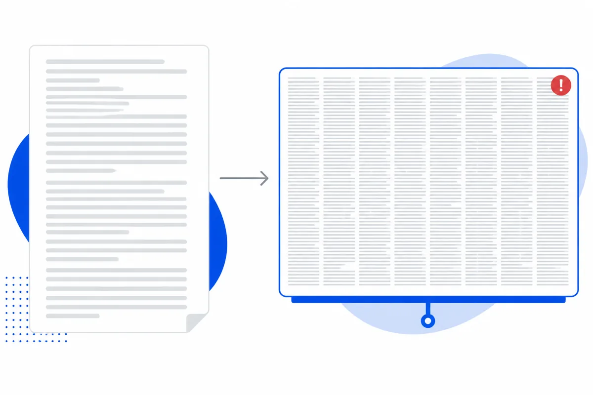 A long written report beside a slide overcrowded with the same text, showing what goes wrong when a document is pasted into PowerPoint