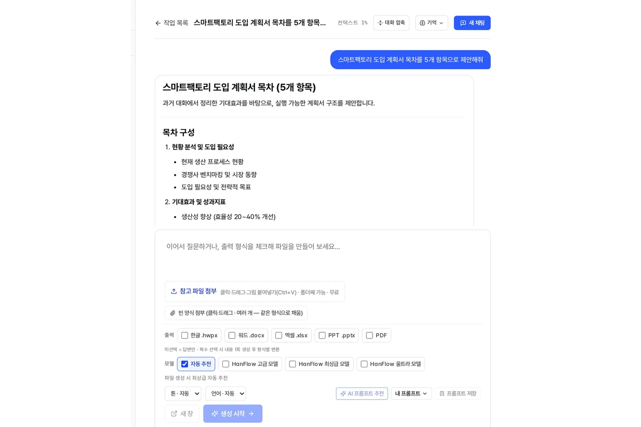 HanFlow AI 채팅 화면 — 받아적은 메모를 붙여넣고 한 줄로 무엇을 만들지 적는다