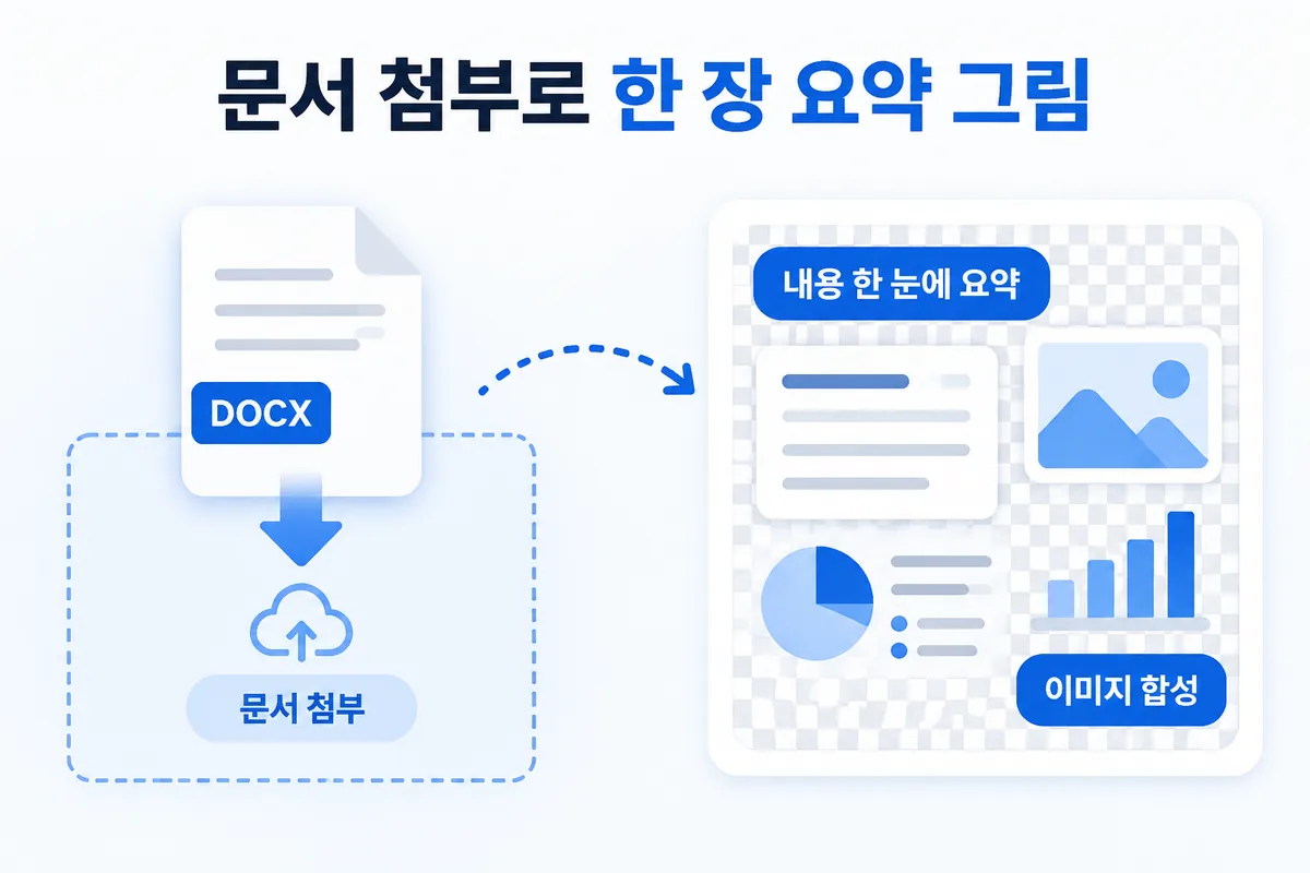 문서 첨부 — 문서 내용을 근거로 한 장 요약 그림, 참고 이미지 합성