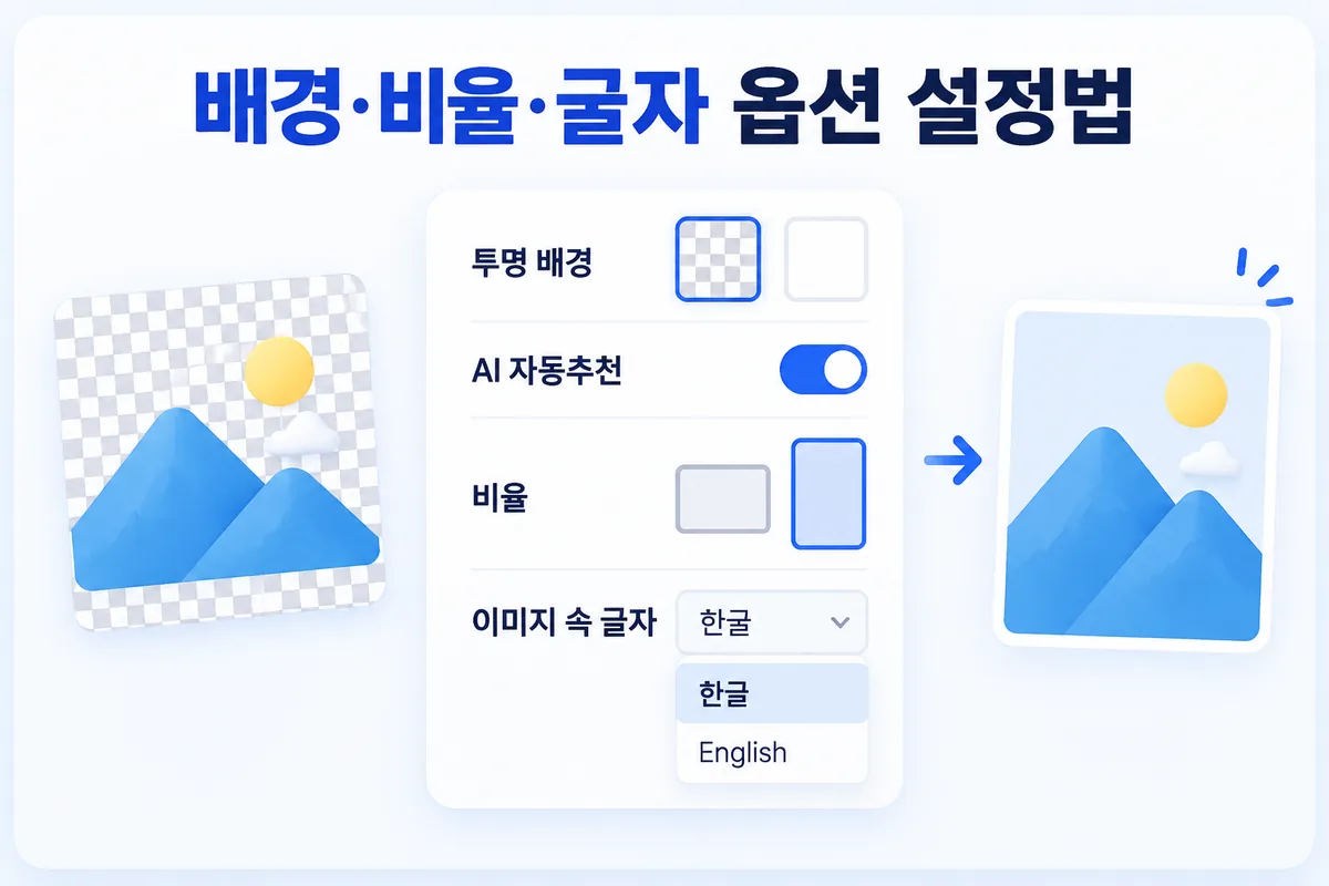 옵션 — 투명 배경, 비율, 품질, 이미지 속 글자 언어