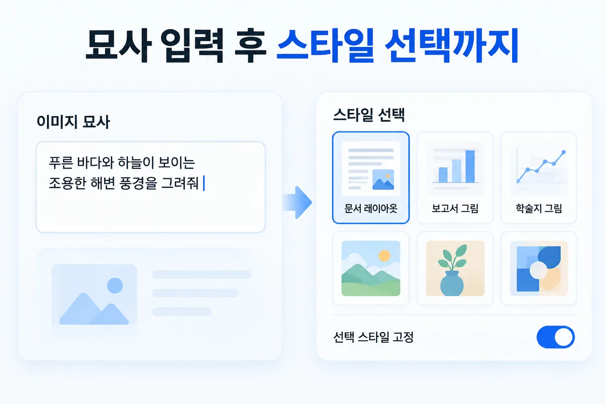 한 문장 묘사와 스타일 선택 — 이미지 묘사, 스타일 갤러리, 선택 스타일 고정