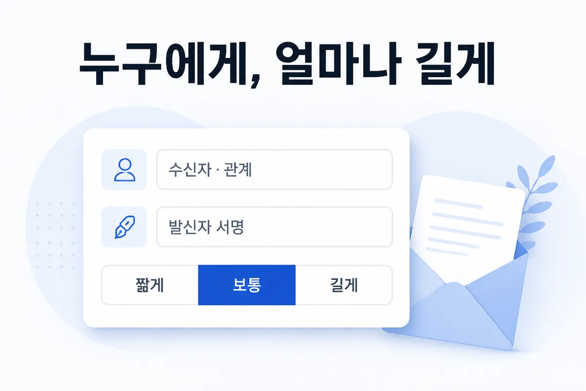수신자·관계, 발신자 서명, 분량 짧게·보통·길게를 고르는 칸