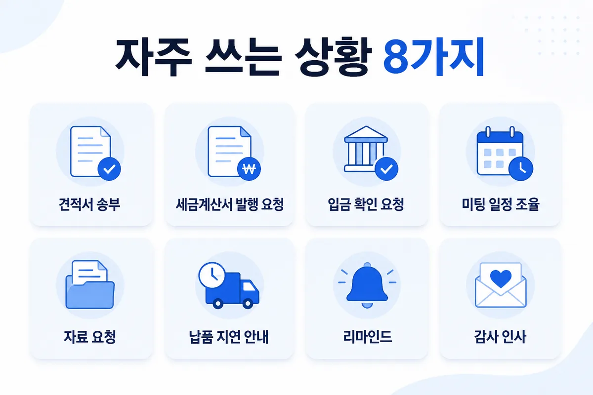 자주 쓰는 상황 8가지 — 견적서 송부·세금계산서 발행 요청·입금 확인 요청·미팅 일정 조율·자료 요청·납품 지연 안내·리마인드·감사 인사